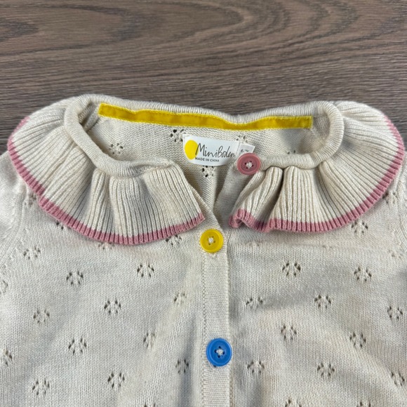 Mini Boden Other - Mini Boden Girls Cream Pointelle Knit Cardigan Ruffle Collar Colored Buttons 6/7